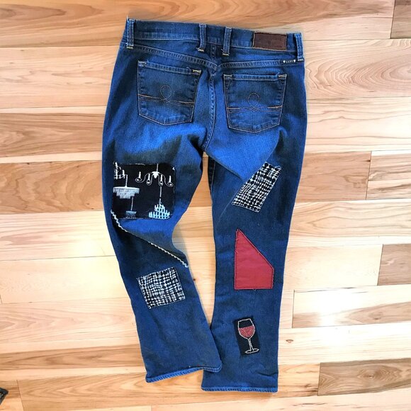 Upcycled Patchwork Jeans, Size 6 Lucky Brand: Wineglass Cityscape Design - Picture 7 of 11